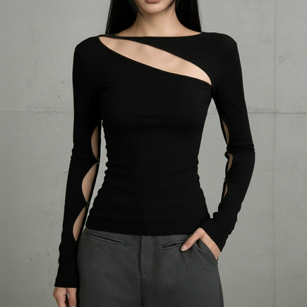 Zara Functional Asymmetric Shoulder Cutout Long Sleeve Slim Top